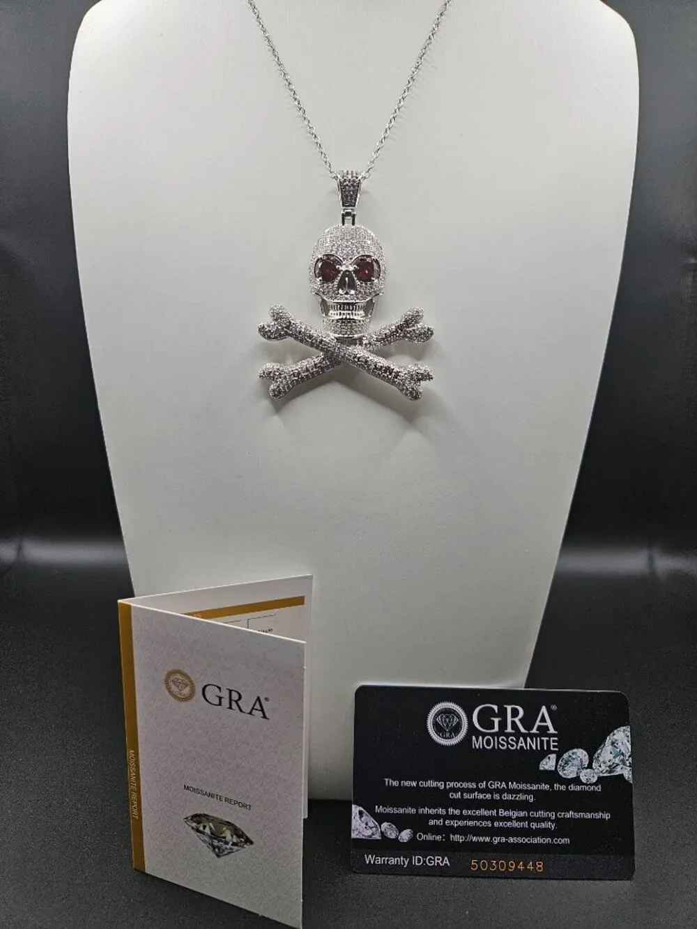 Moissanite Garnet Eye Skull Crossbones Necklace 7.5ctw Silver Tone 18